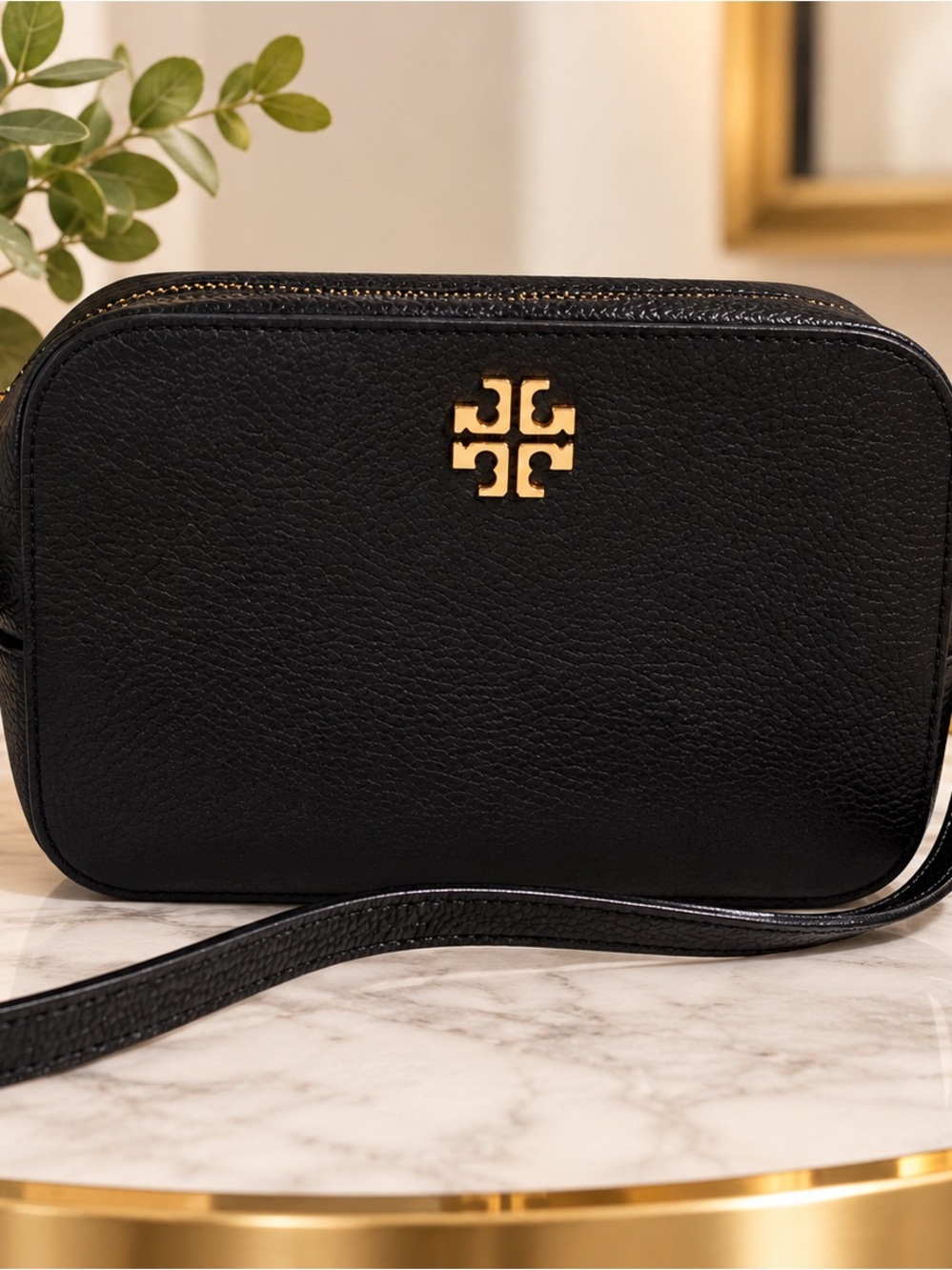 Tory Burch Black Leather Crossbody with Gold Logo